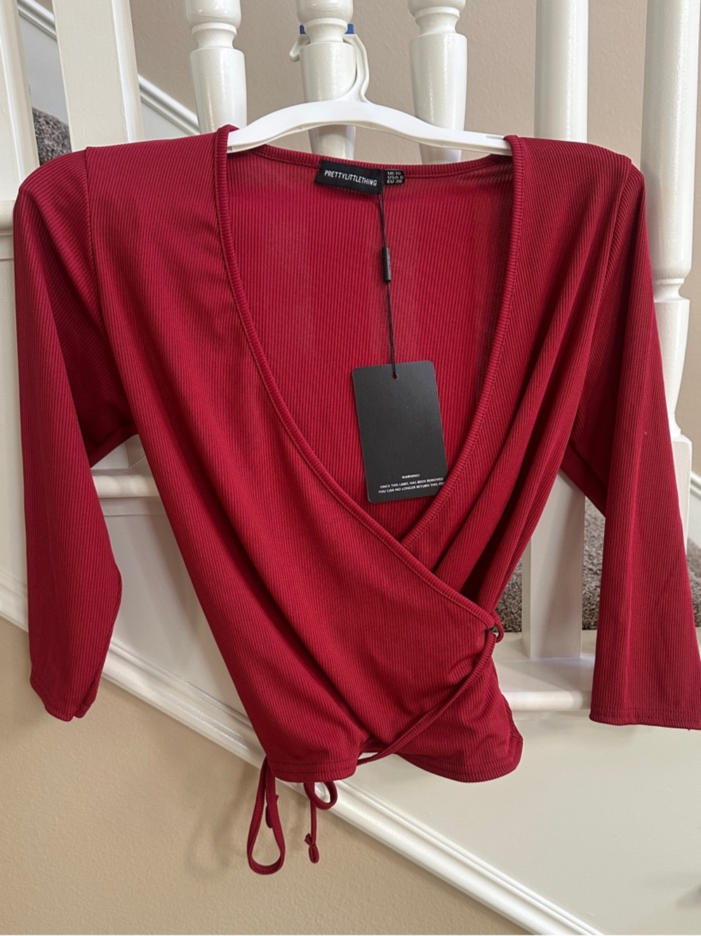 PrettyLittleThing Crimson Wrap Ribbed Long Sleeve Top